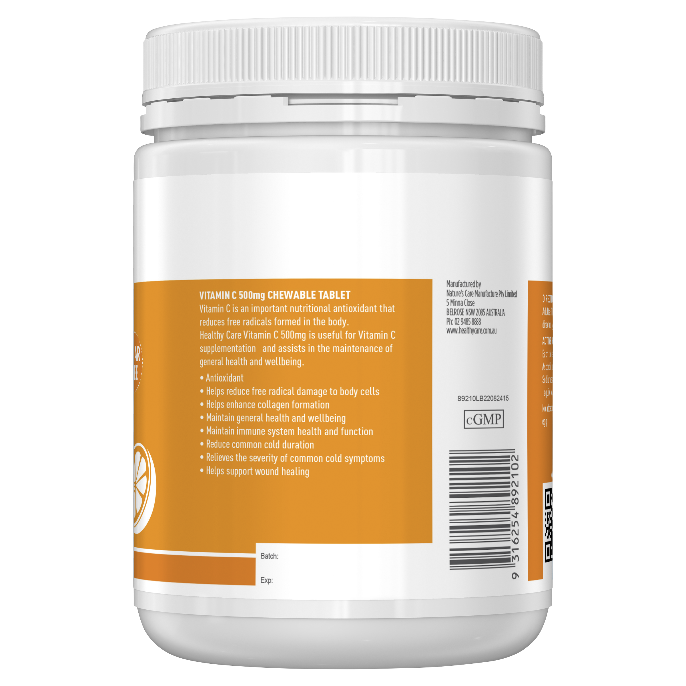 Healthy Care Vitamin C 500mg Chewable 500 Tablet - Healthy Care Australia