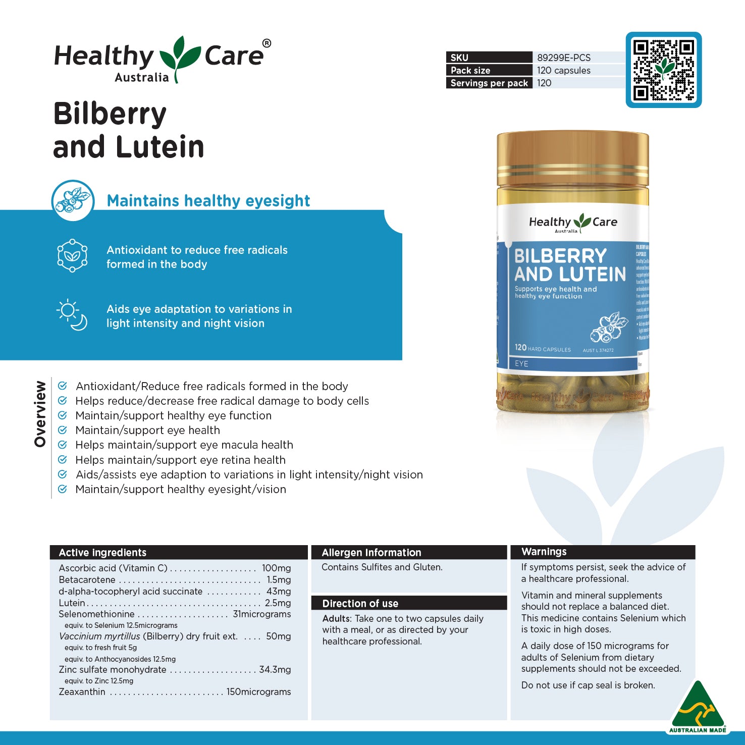 Healthy Care Bilberry and Lutein - 120 Capsules
