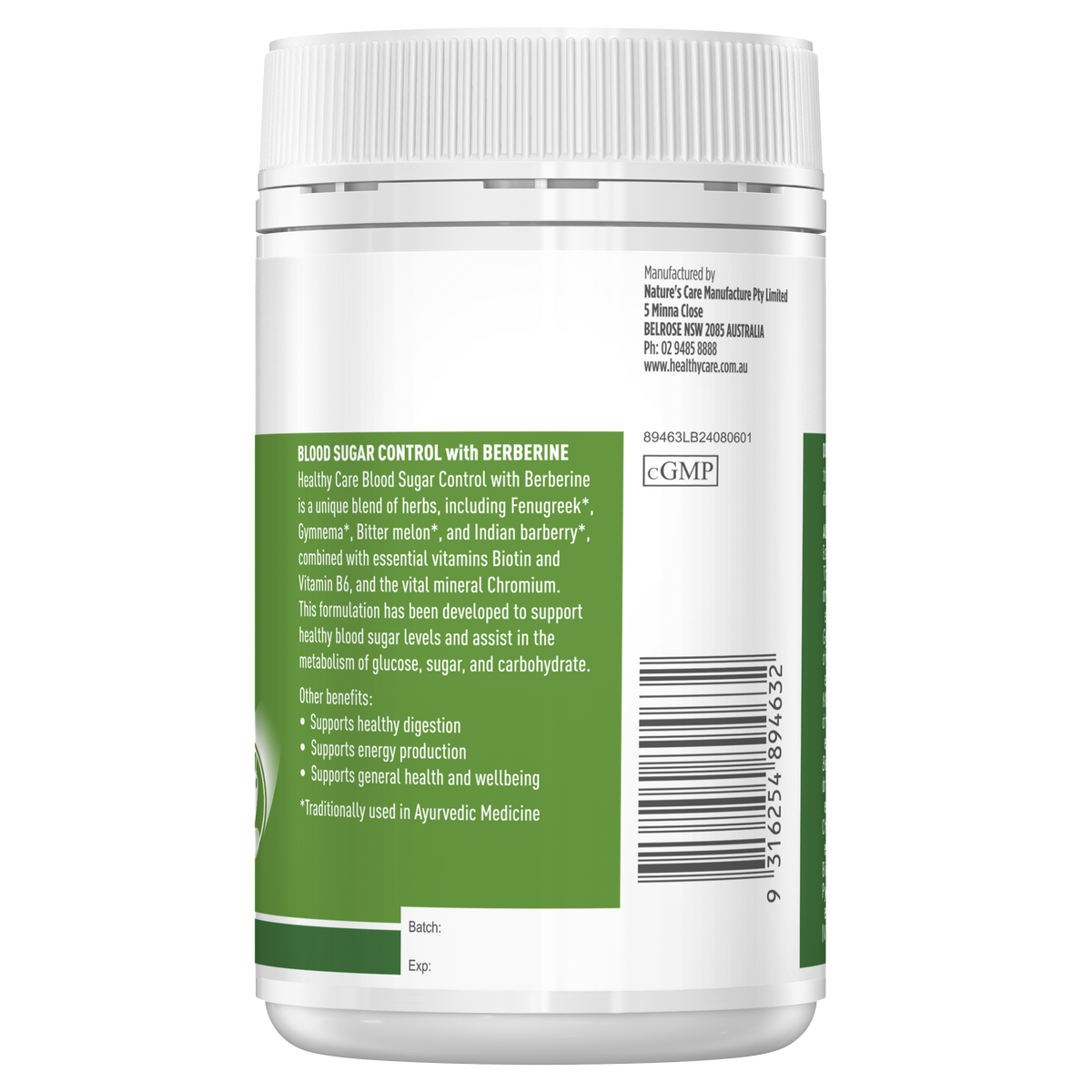 Healthy Care Blood Sugar Control with Berberine - 100 Hard Capsules