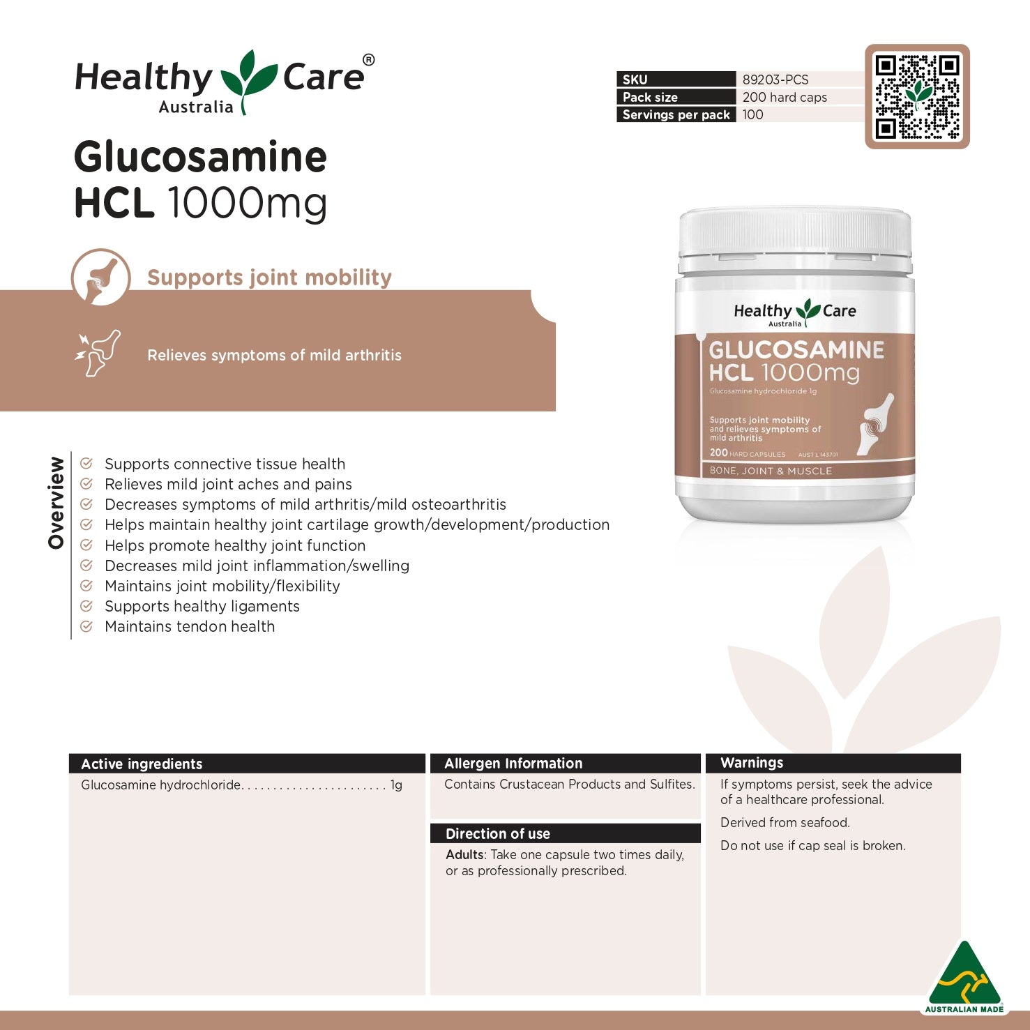 Healthy Care 氨基葡萄糖盐酸盐 1000 毫克 - 200 粒胶囊