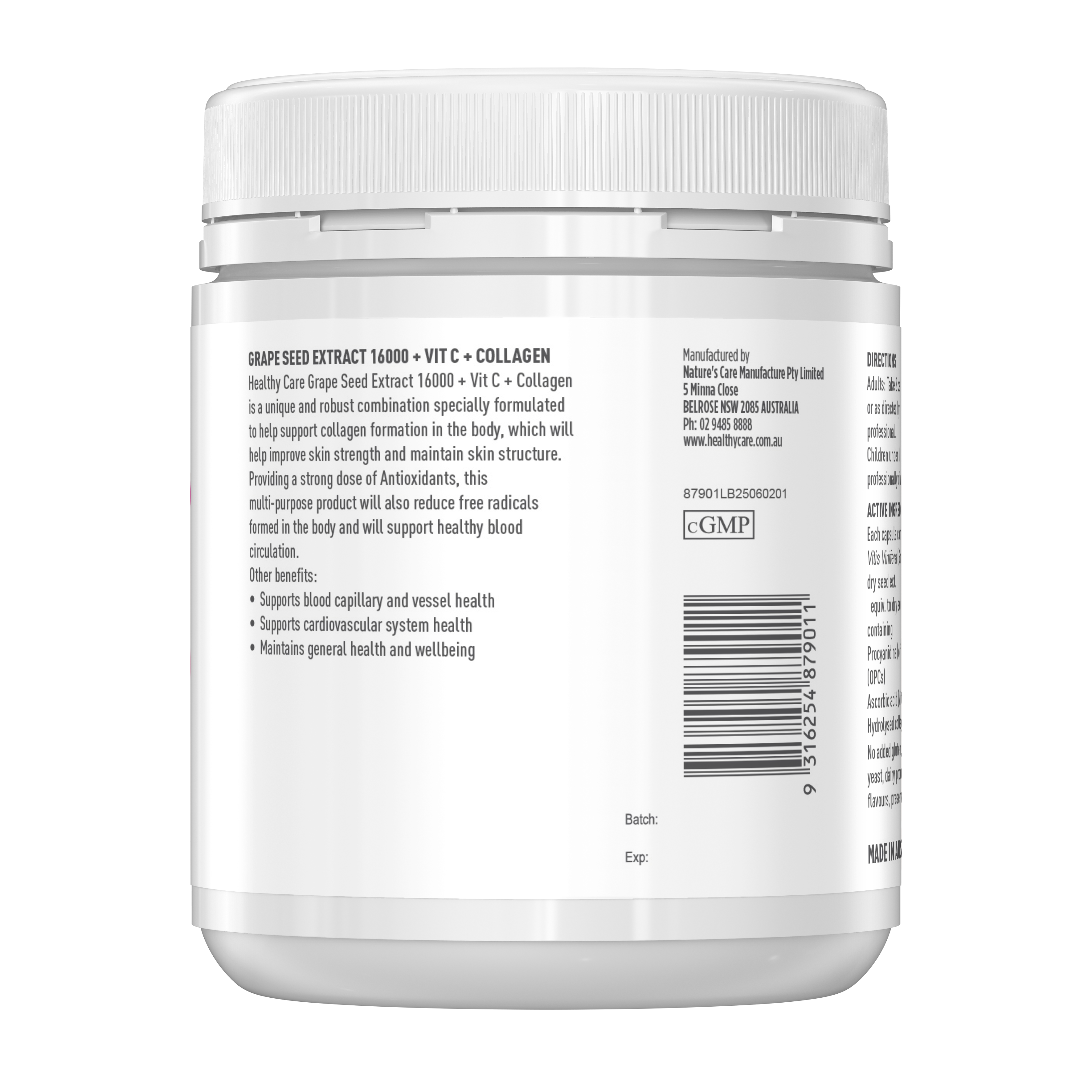 Healthy Care Plus Grapeseed Extract 16000 + Vit C + Collagen  180 Capsules