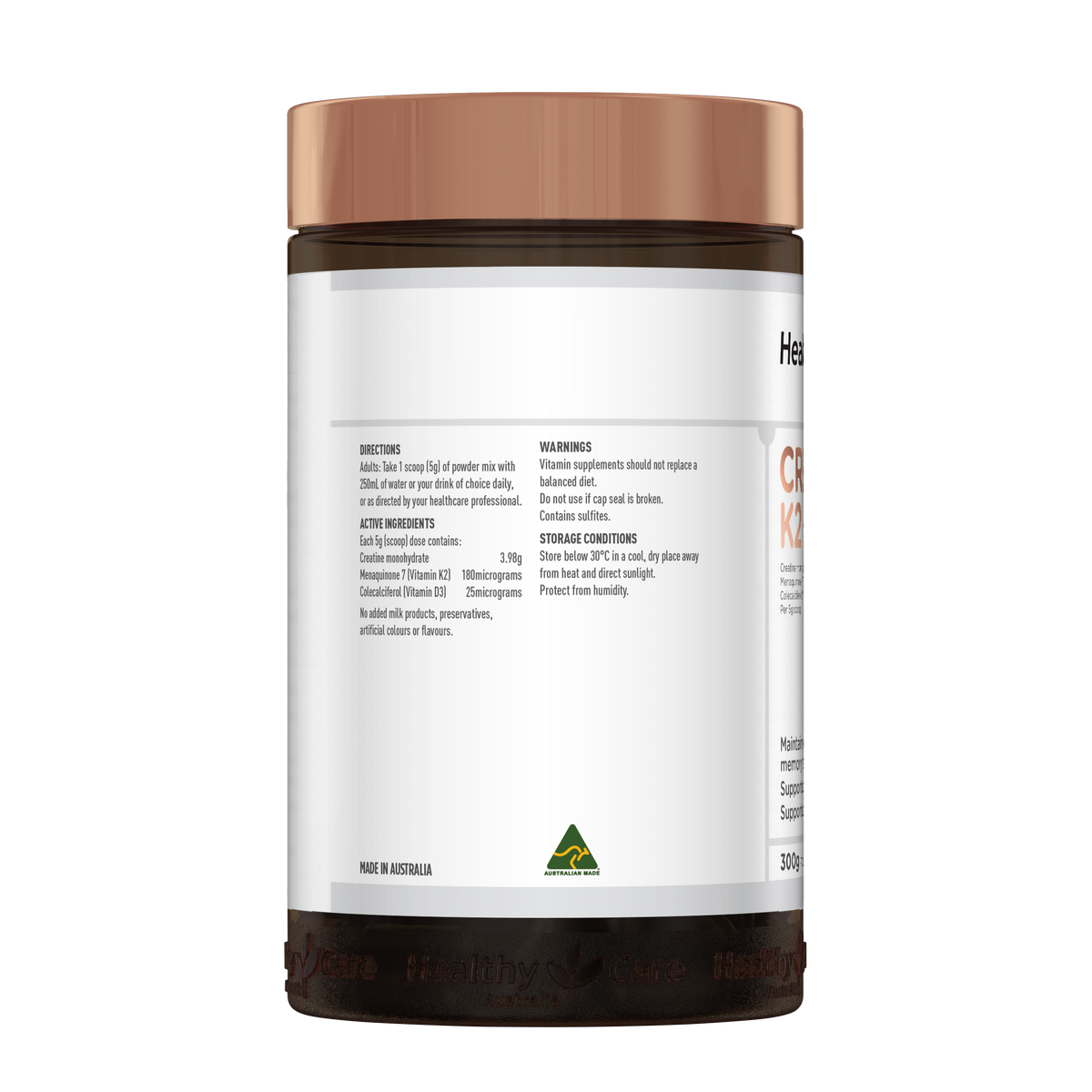 Healthy Care Creatine + K2 + D3 Powder (Unflavoured) - 300g