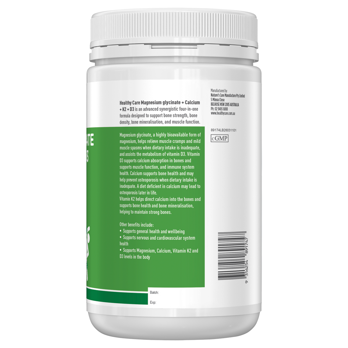 Healthy Care Magnesium Glycinate + Calcium + K2 + D3 - 250 Tablets