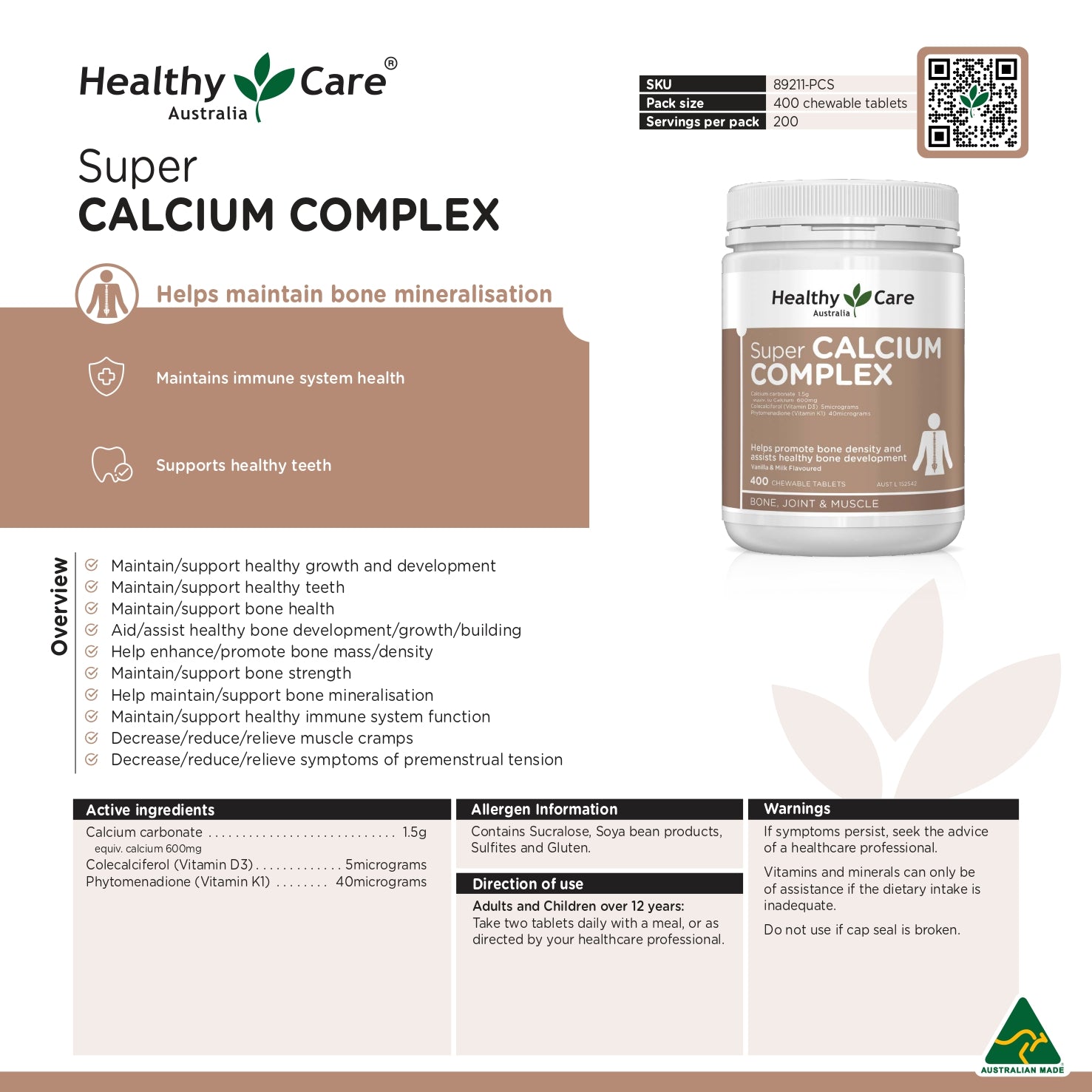 Healthy Care Super Calcium Complex D - 400 Chewable Tablets