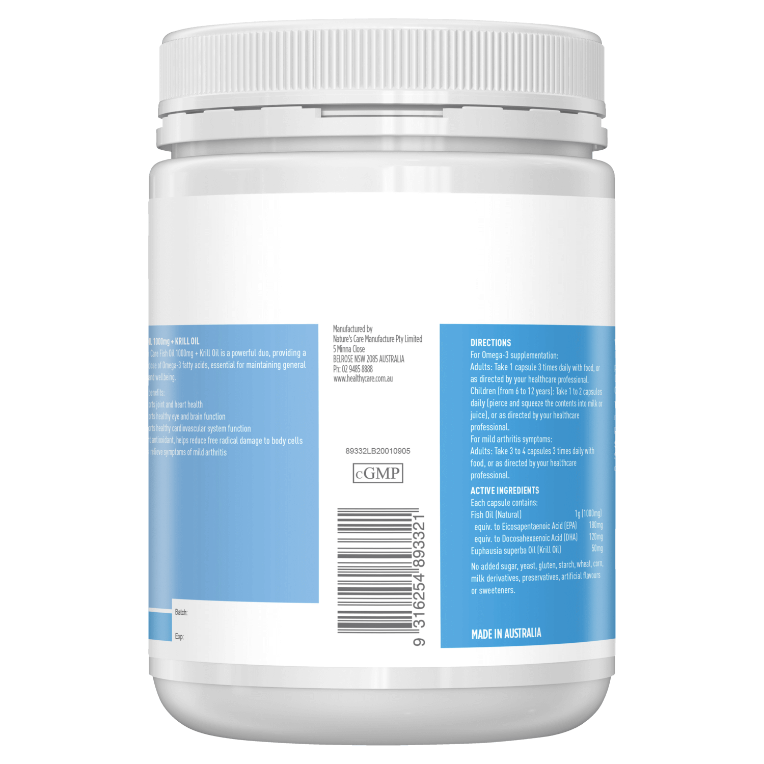 Fish Oil 1000mg + Krill Oil 400 Capsules Showing the Manufacturer-Healthy Care Australia