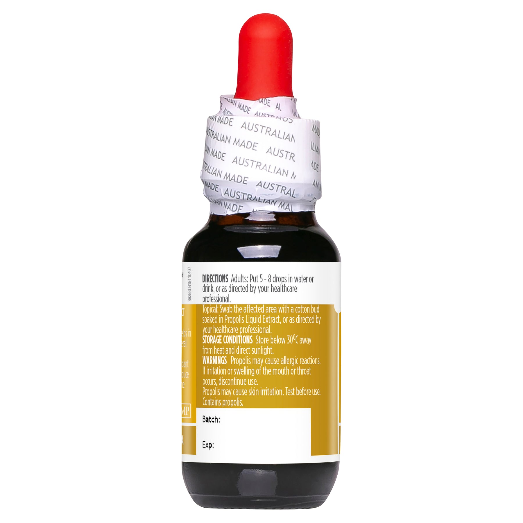 Label Showing Directions, Storage and Warnings of Propolis Liquid Extract Alcohol Free-Healthy Care Australia