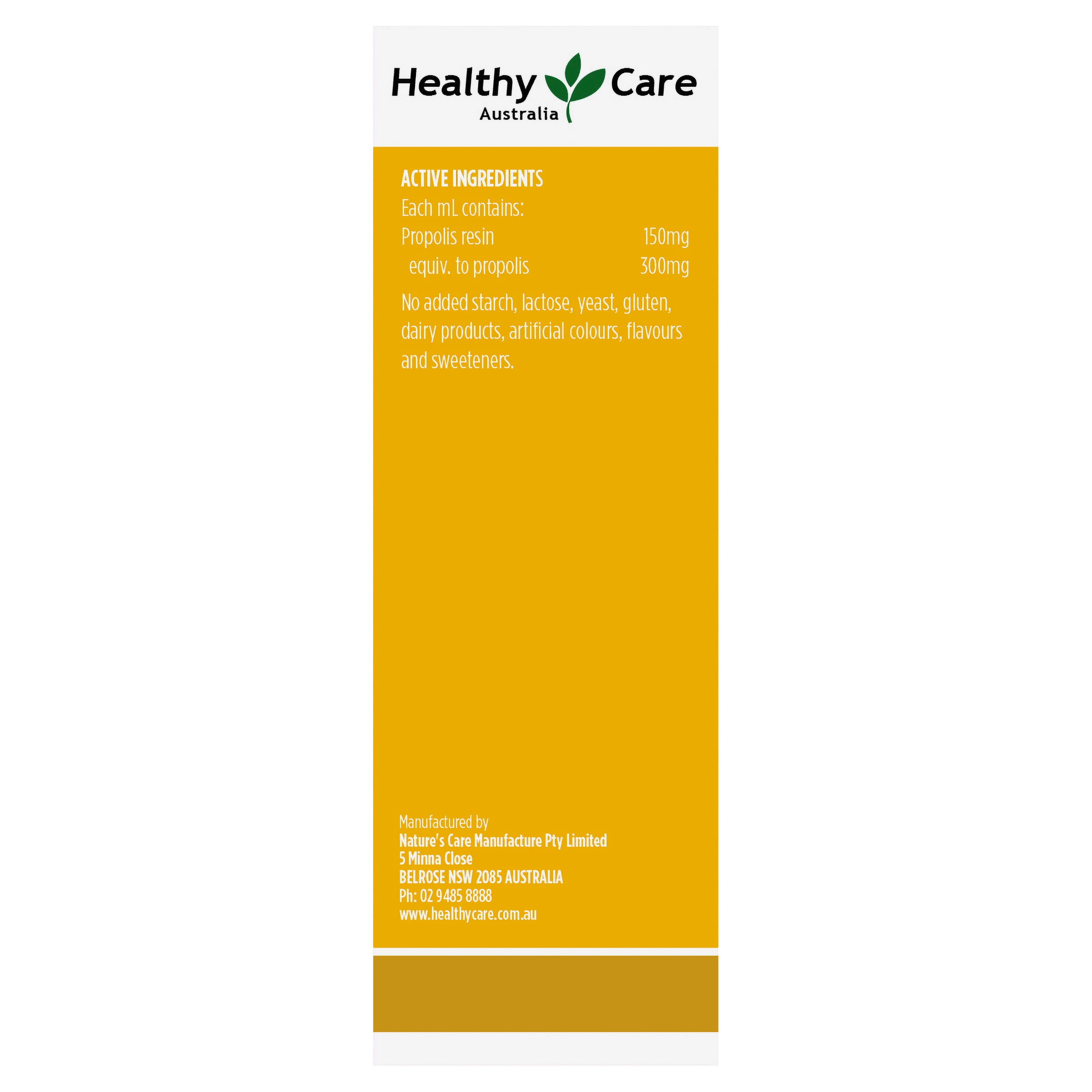 Label Showing Active Ingredients of Propolis Liquid Extract Alcohol Free-Healthy Care Australia