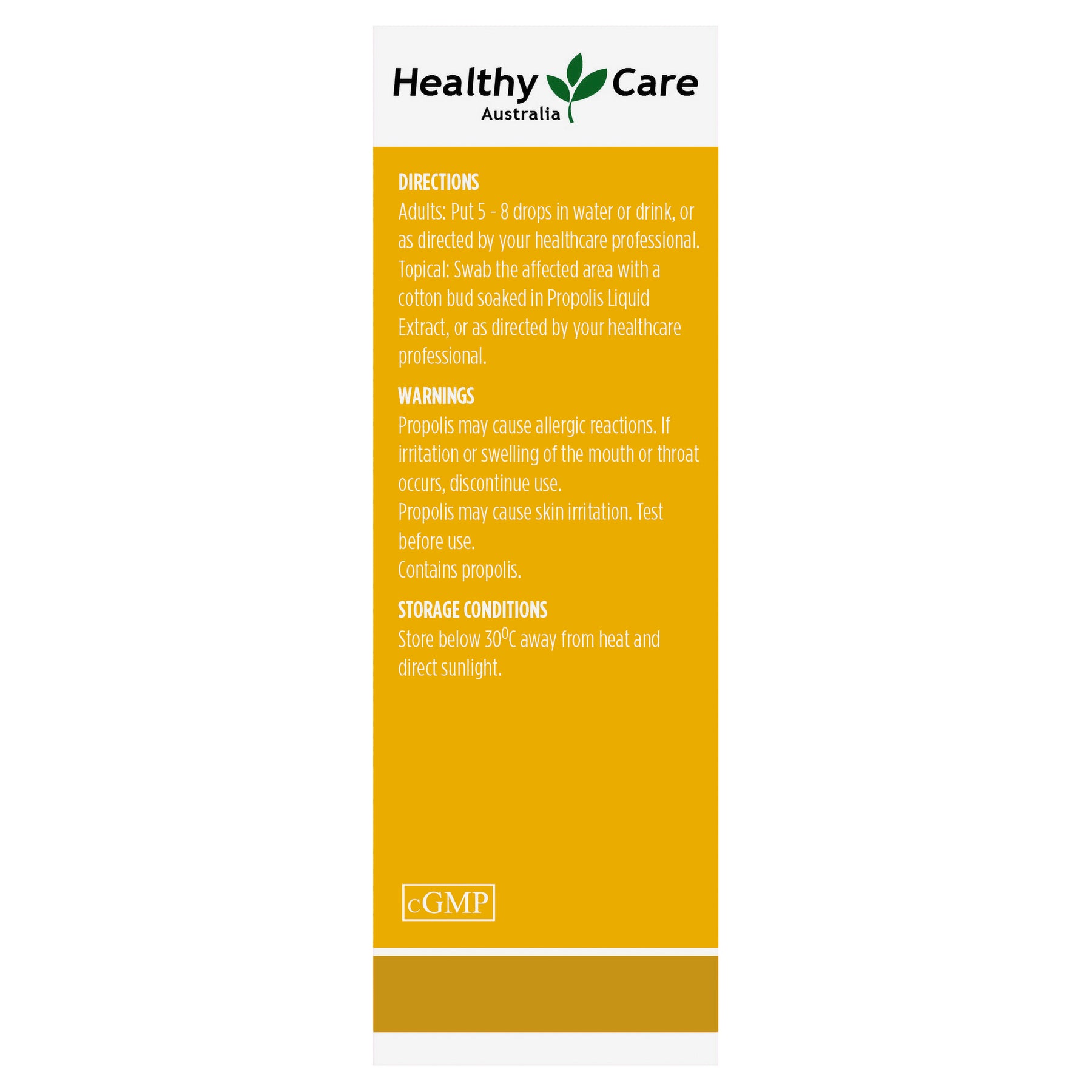 Directions, Warnings, and Storage of Propolis Liquid Extract Alcohol Free-Healthy Care Australia