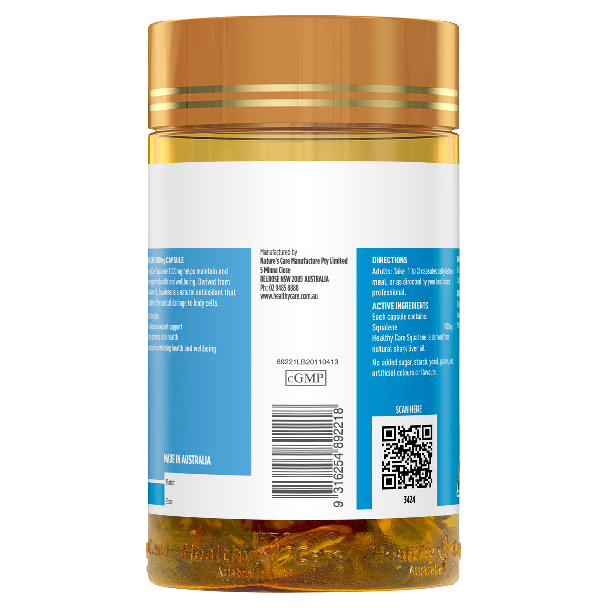 Manufacturer and Barcode of Squalene 1000mg 200 Capsules-Vitamins & Supplements-Healthy Care Australia