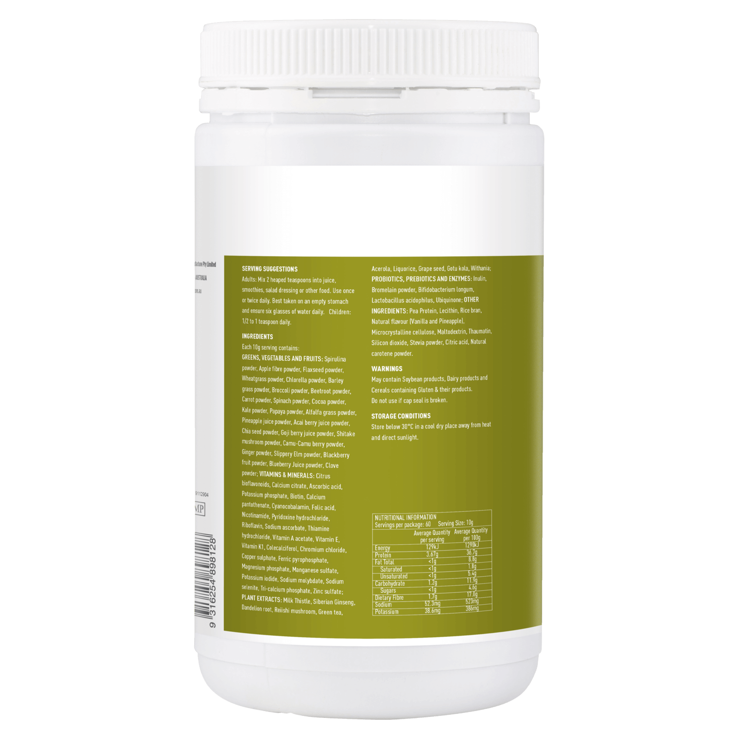 Serving Suggestions, Ingredients, Nutritional Information, Warnings, and Storage of Super Greens 600g Powder